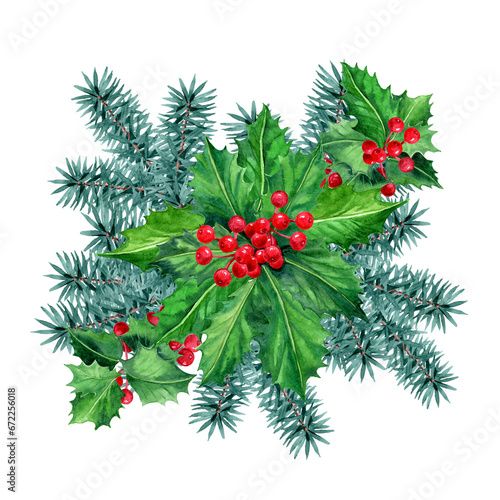 Watercolor clip art with spruce paws and holly with red berries in center