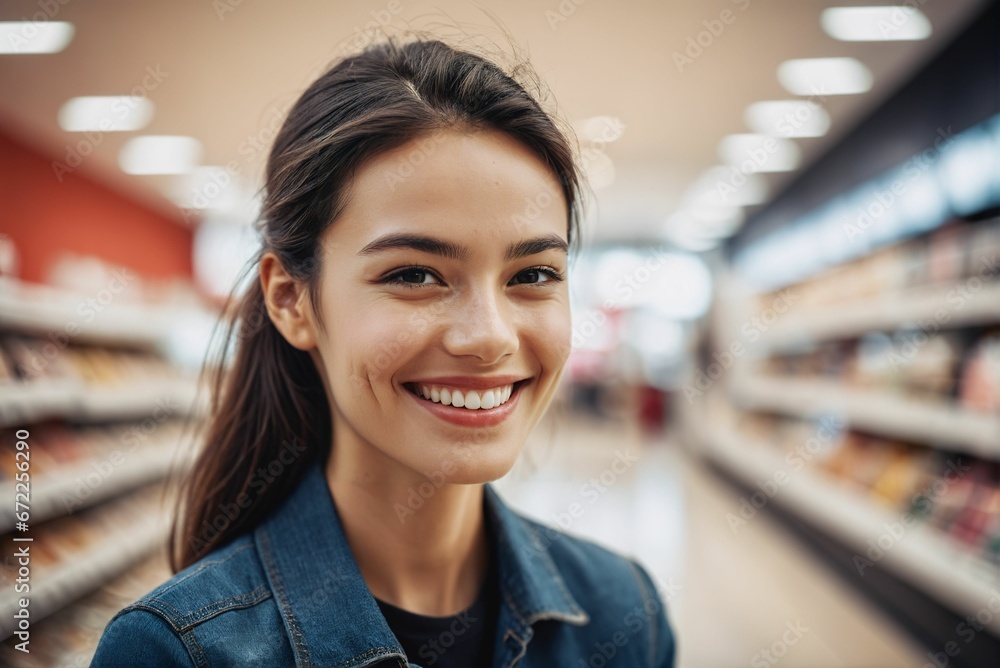 AI generated illustration of A Caucasian female shopper in the produce aisle of a grocery store