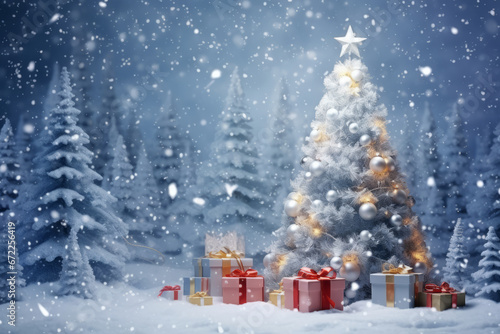 Snowy Christmas Delight: Tree with Gifts under Snowfall