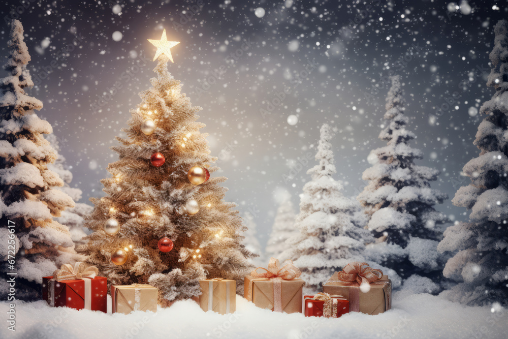 Obraz premium Snowy Christmas Delight: Tree with Gifts under Snowfall