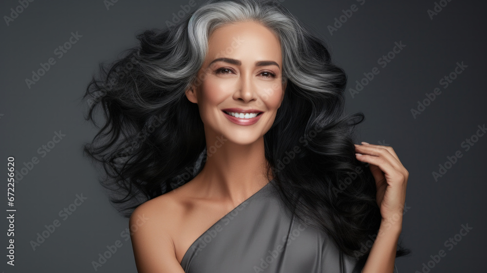 Naklejka premium Sensual middle-aged beautiful Asian woman with long grey hair, her eyes closed, body and face care concept. Charming mature lady stands in profile isolated on grey studio background