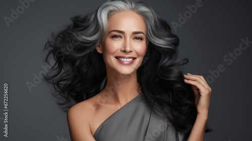 Sensual middle-aged beautiful Asian woman with long grey hair, her eyes closed, body and face care concept. Charming mature lady stands in profile isolated on grey studio background