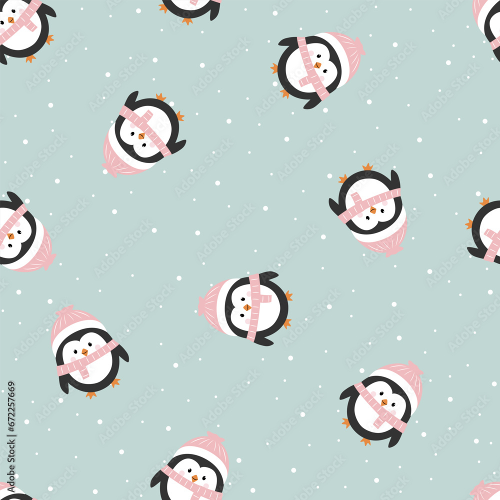 Fototapeta premium Christmas seamless pattern with penguins and christmas tree balls. Print for wrapping paper, pattern fills, winter greetings, web page background, Christmas and New Year greeting cards