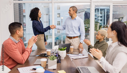 B2b success, winner or happy man shaking hands in meeting or startup project partnership or business deal. Handshake, smile or excited black woman with sales team goals, feedback or hiring agreement