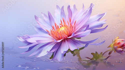  a purple flower with a yellow center is in the water. generative ai