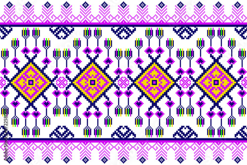 Cross Stitch Pixel Pattern. Ethnic abstract art. Seamless pattern in tribal, folk embroidery, and Mexican style. Aztec geometric ornament print. Design for carpet, wallpaper, clothing, textile.