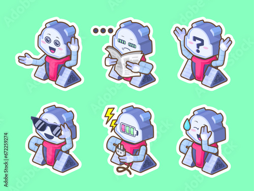 Vector stickers of emotional robot for your app or print. Bright remarkable UI elements. Good for animation. Nice vector UI illustration for your business.