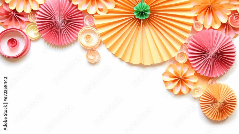 Colored paper orange pink decorations in the form of a round fan for a children's holiday party or wedding photo shoot on a white isolated background