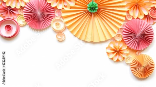 Colored paper orange pink decorations in the form of a round fan for a children s holiday party or wedding photo shoot on a white isolated background