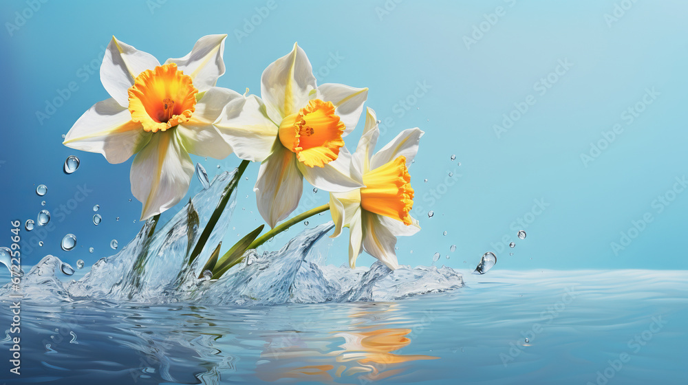  three yellow and white daffodils splashing into the water.  generative ai