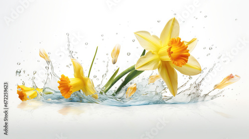  a group of yellow flowers splashing into water on a white background.  generative ai