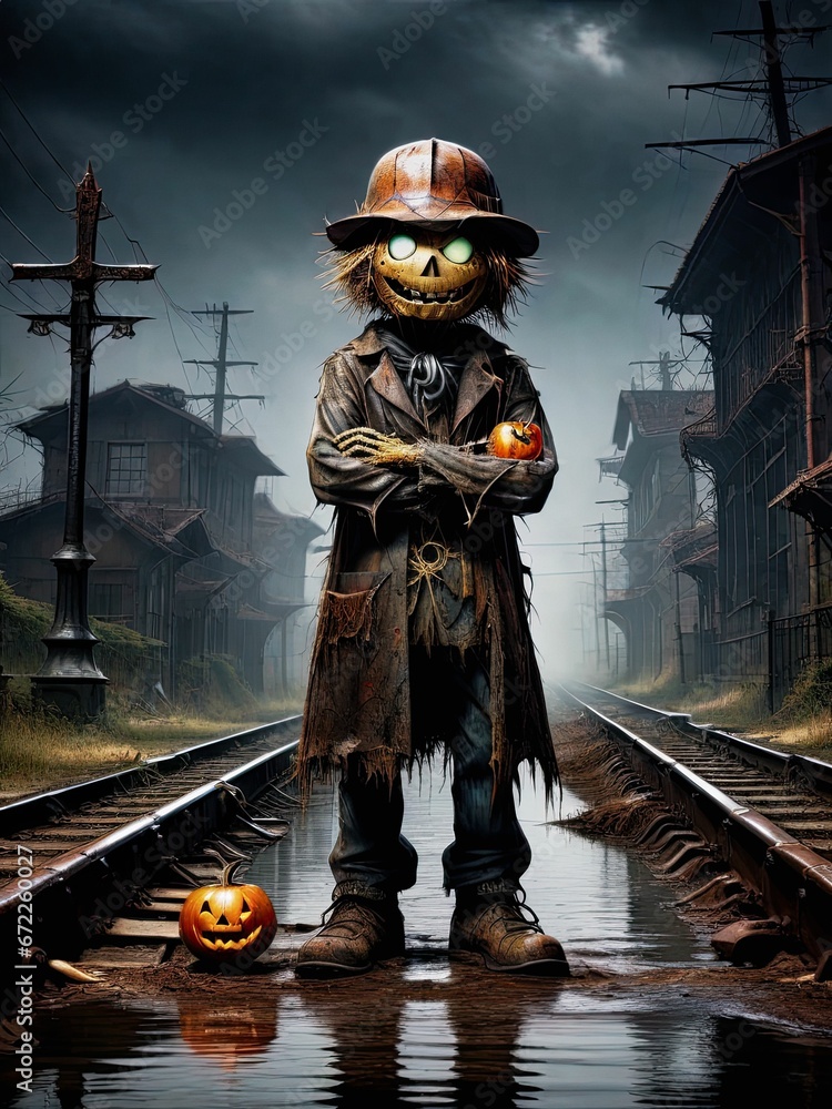 AI generated illustration of a creepy scarecrow character on a train track