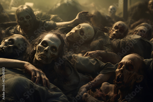 group of zombies sleeping on the floor one over another. Not based on any actual person, scene or pattern.