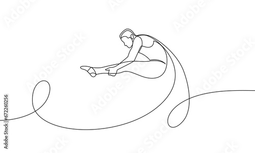 Single continuous drawing of an athlete performing complex twists and somersaults. Trampoline. One line vector illustration