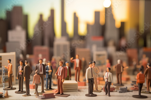 Figurine business men with city skyline