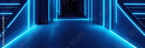 Abstract blue tunnel illuminated by blue neon lights. Futuristic background with with blue glowing lights and empty space. Futuristic banner.