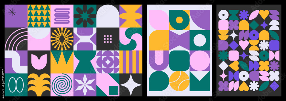 Set of neo geometric patterns with brutalist shapes. Modern, minimalist figures and symbols. Abstract flat vector illustrations for background, poster, cover, branding or web. Set of neo geometric patterns with brutalist shapes. Modern, minimalist figures and symbols. Abstract flat vector illustrations for background, poster, cover, branding or web.