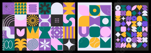 Set of neo geometric patterns with brutalist shapes. Modern, minimalist figures and symbols. Abstract flat vector illustrations for background, poster, cover, branding or web.
