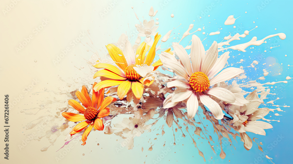  a bunch of flowers that are in the air with water splashing on them.  generative ai