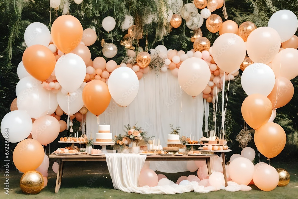 Creative gender neutral baby shower or birthday decoration in the garden. Bohemian style outdoor event set up with balloons. White cream peach caramel balloon arch kit Creative gender neutral baby shower or birthday decoration in the garden. Bohemian style outdoor event set up with balloons. White cream peach caramel balloon arch kit