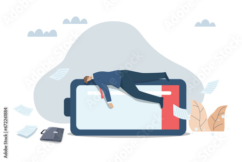 Fatigue from working too hard, Problems with boredom, Exhaustion that employees face, The businessman is lying down, very tired and weak on a large battery with low power.