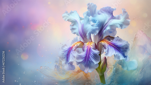 a painting of a blue iris flower with water droplets on it.  generative ai © Shanti