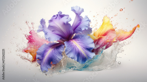  a purple flower with water splashing around it on a white background.  generative ai