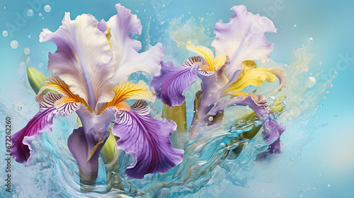  a painting of purple and yellow irises in water with bubbles. generative ai