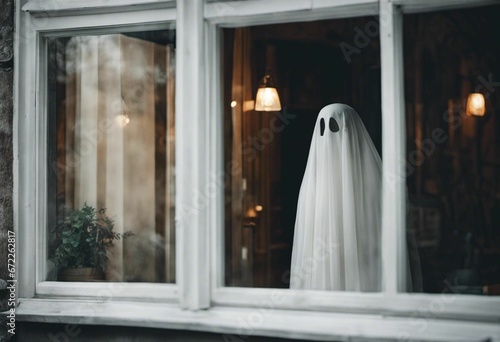 AI generated illustration of a ghostly apparition inside a window on a halloween day