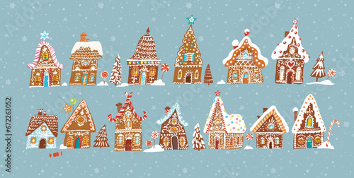 Set of gingerbread houses decorated with christmas sweets on mint background with snowflakes
