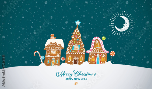 Christmas greeting card with three gingerbread cookie houses, crescent moon and snowflakes on night sky background. Vector illustration.