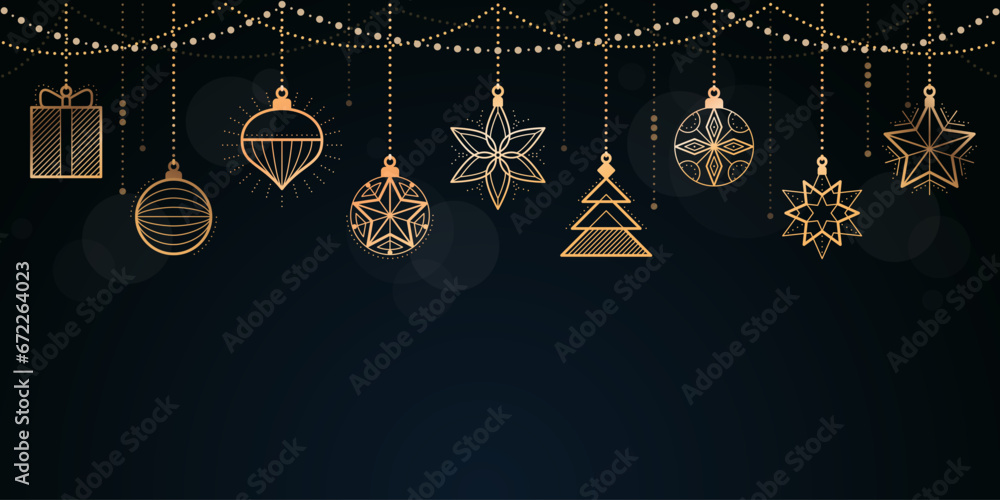 Fototapeta premium Christmas and Happy New Year banner with golden decorations