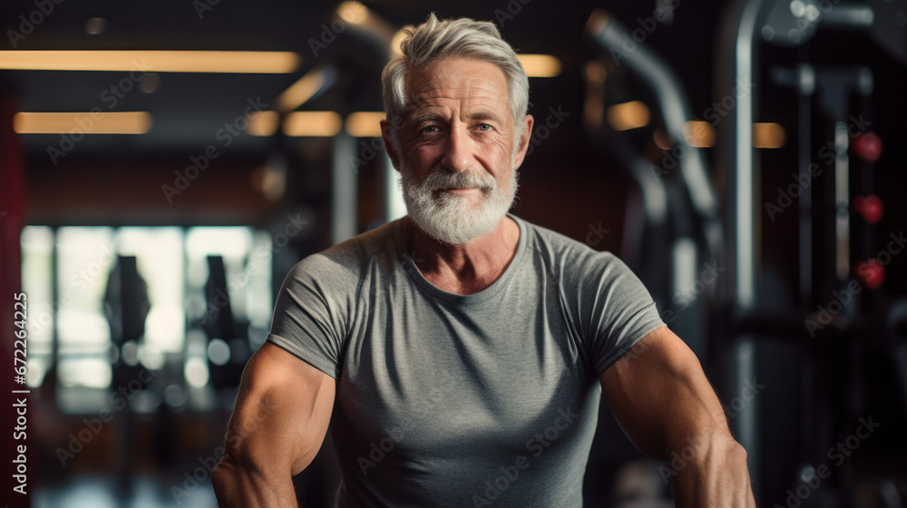 Senior man in gym working out with weights. Senior man in gym working out with weights.