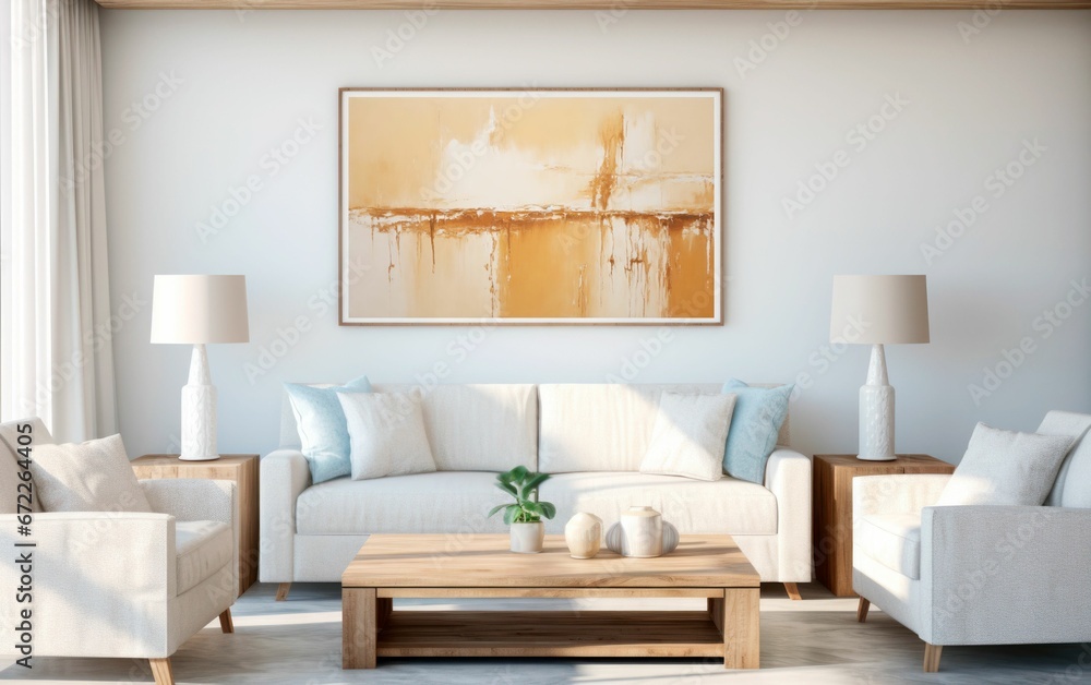 Modern living room in natural scandinavian style. AI Generative