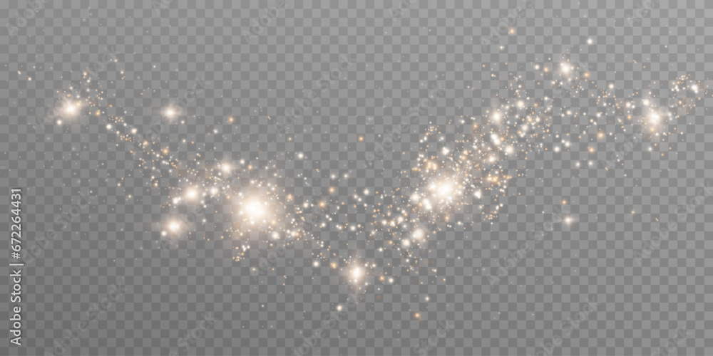 The dust sparks and golden stars shine with special light. Vector sparkles on a transparent background. Christmas light effect. Sparkling magical dust particles.	