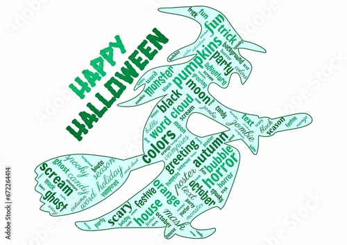 Digital illustration of a word cloud design of a witch for Halloween