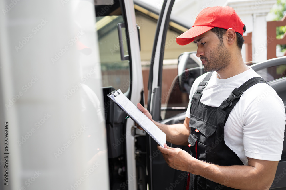 Portrait Asia delivery men working with sign documents of buddy in truck Portrait Asia delivery men working with sign documents of buddy in truck