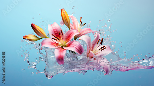  a group of pink and yellow flowers floating in water on a blue background. generative ai © Shanti