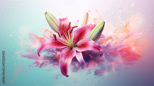  a pink flower with a green center surrounded by splashes.  generative ai