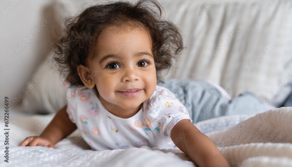 Happy healthy playful little cute adorable baby girl lying on comfortable bed or crib soft sheet. Smiling small sweet funny mixed race infant child laughing at home
