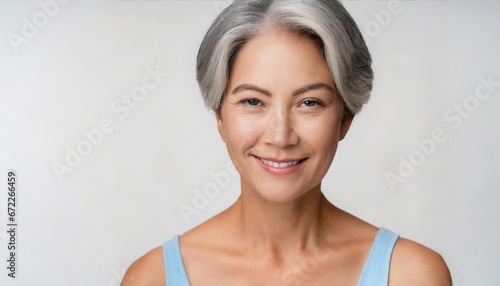Mature beautiful middle aged asian woman, senior older grey haired lady looking at camera touching face applying under eye antiaging anti wrinkle perfect skin care cream, isolated on white headshot photo