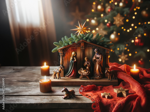 The Birth of Christ: Intricately Carved Nativity Scene Displayed Amidst Festive Candles, With Glittering Christmas Tree Lights in the Background Reflecting the Spirit of the Season