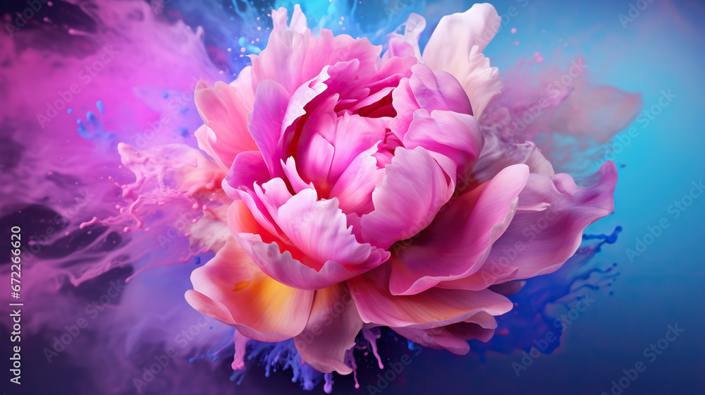  a large pink flower with blue and pink smoke coming out of it.  generative ai