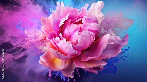  a large pink flower with blue and pink smoke coming out of it. generative ai