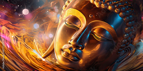 glowing golden buddha in the colorful light of chakra