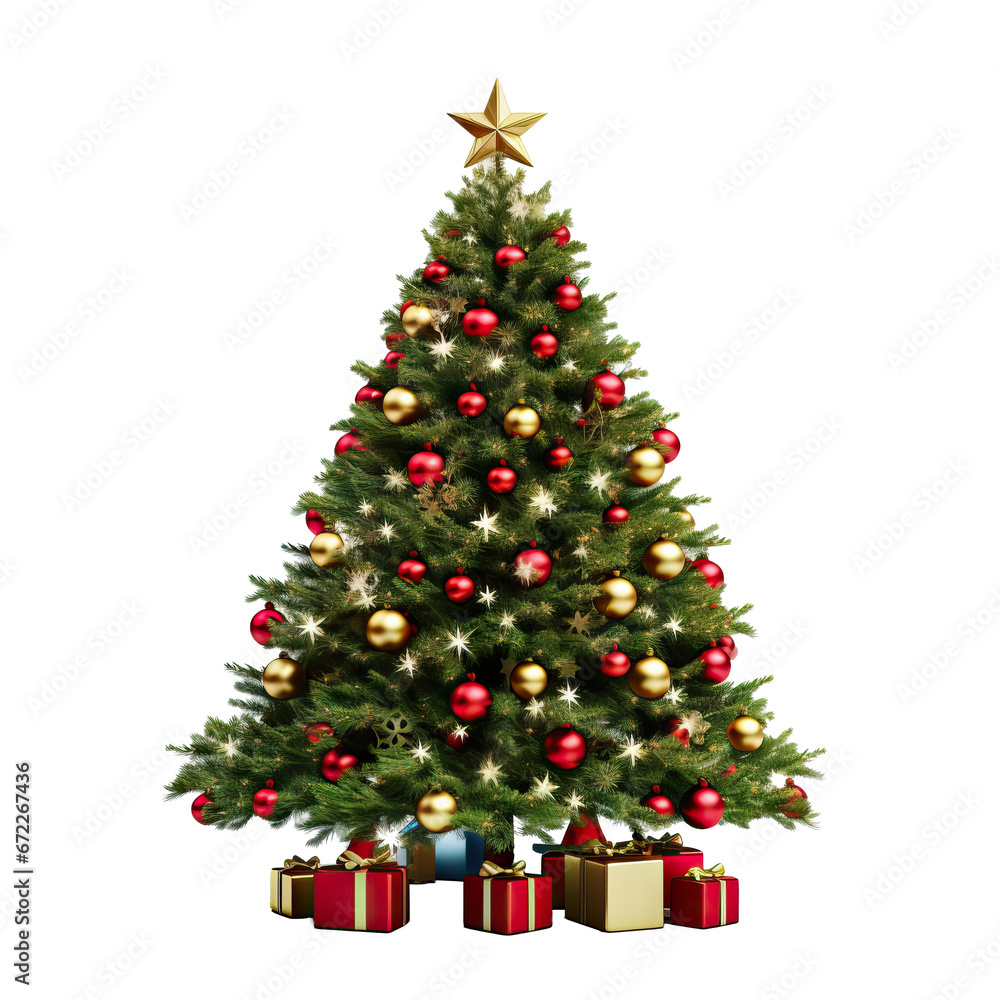 Decorated gold Christmas tree with golder patchwork ornament artificial star hearts presents for new year isolated on white background. AI generated image Decorated gold Christmas tree with golder patchwork ornament artificial star hearts presents for new year isolated on white background. AI generated image