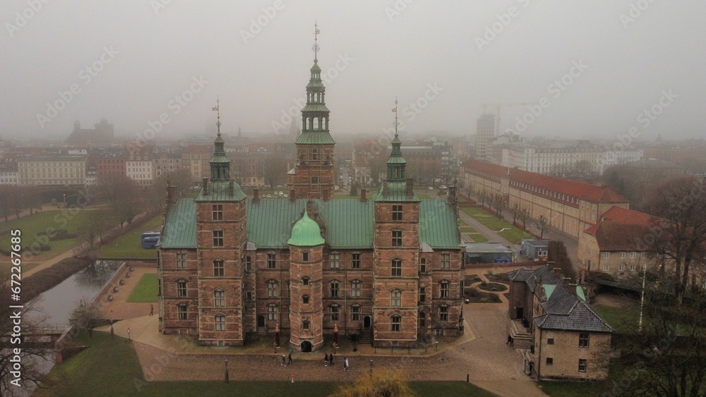 Old Rosenborg Castle in Copenhagen on a foggy day