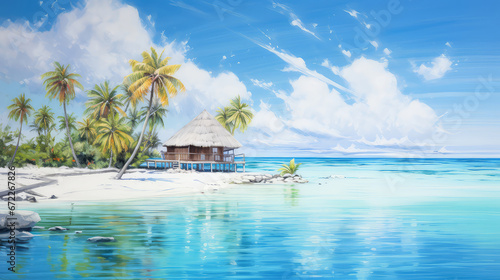 oil painting on canvas  View of Maldiv beach resort  panoramic landscaps.  ai generated 