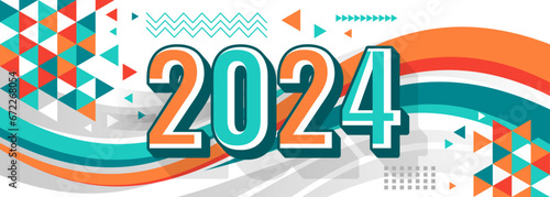 2024 Happy New Year logo trend design. 2024 colored number design template. 2024 typography symbol Happy New Year. Vector illustration with labels trendy and fashionable colors.

