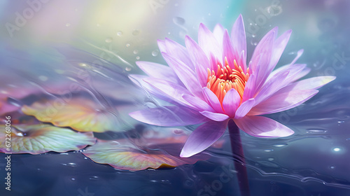  a pink water lily floating on top of a pond of water. generative ai